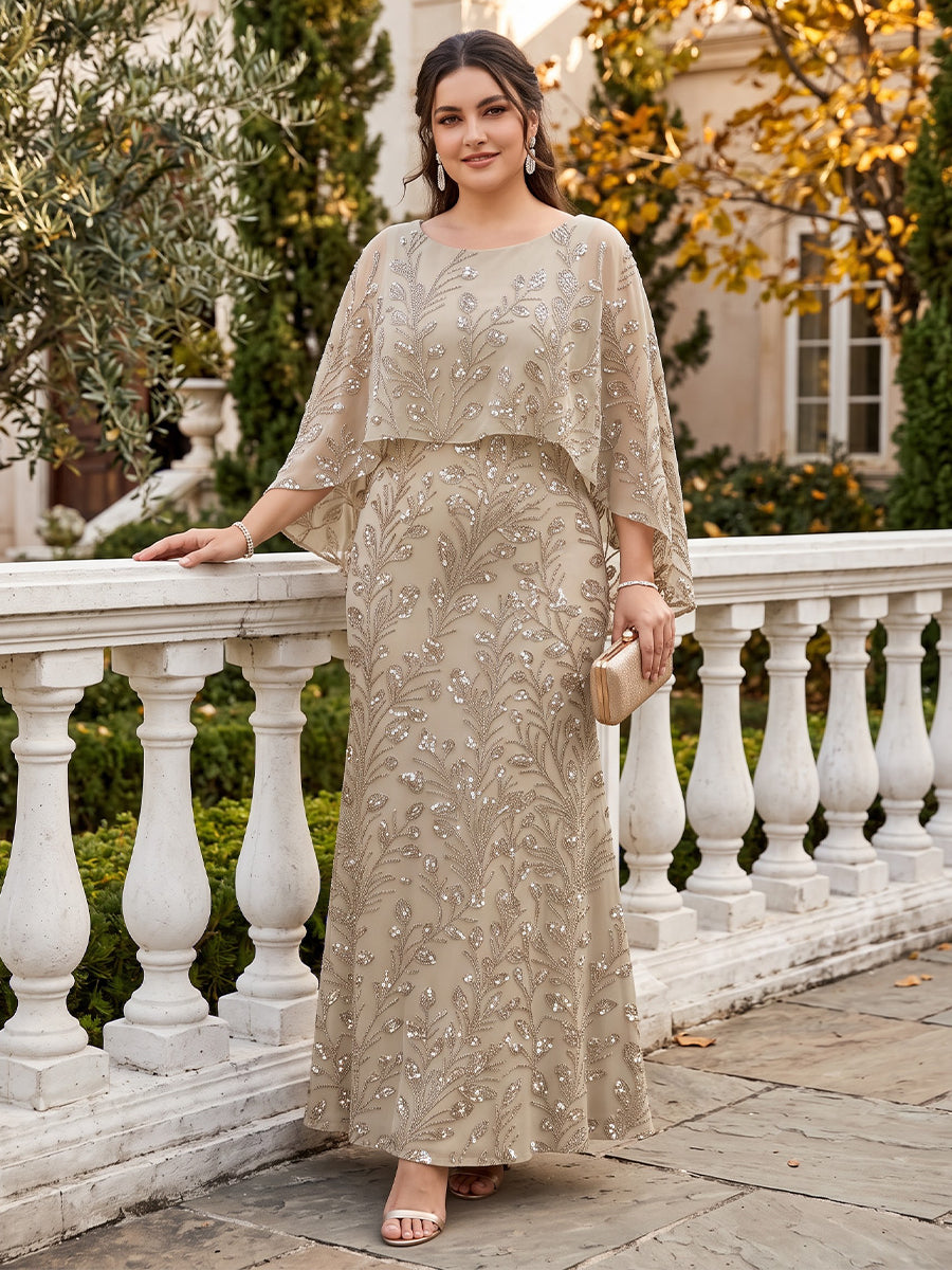 Sheath/Column Scoop Cap Sleeves Tulle Sequin Floor-Length Plus Size Mother of the Bride Dresses with Sequins&Appliques