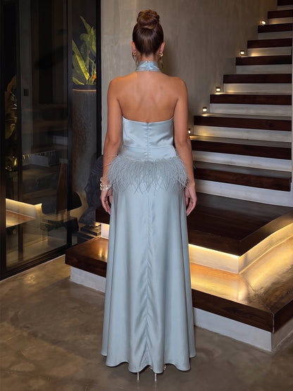 A-Line/Princess Halter Sleeveless Silk Satin Floor-Length Evening Dresses with Feather