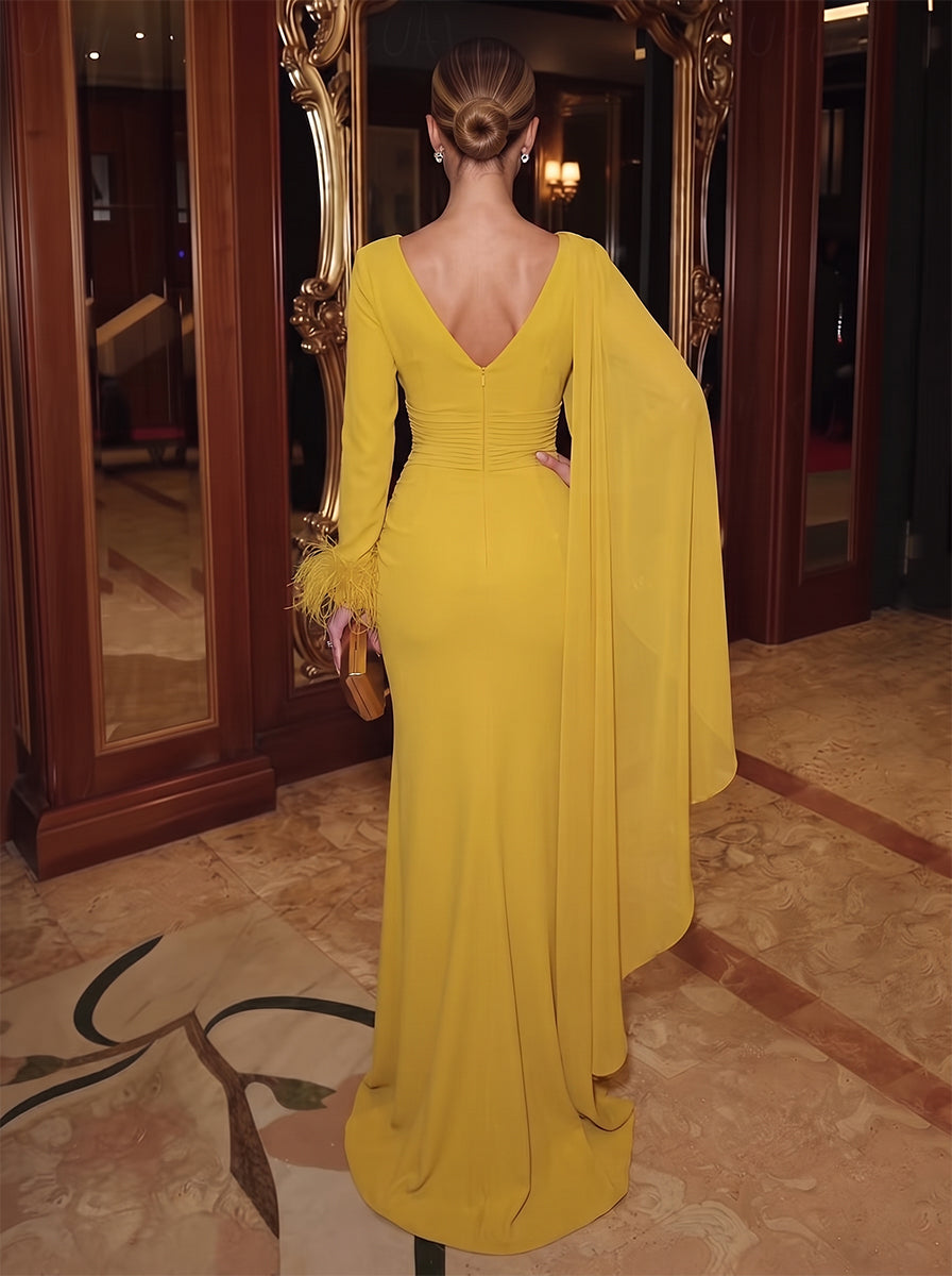Sheath/Column V-Neck Cap Sleeves Chiffon Floor-Length Evening Dresses with Feather&Pleats