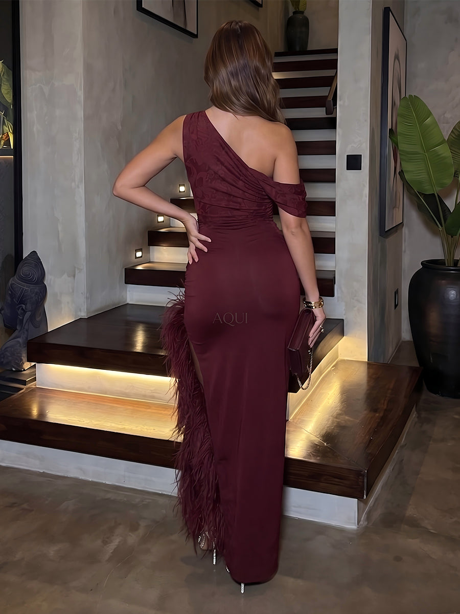 Sheath/Column Off-the-Shoulder Sleeveless Chiffon Floor-Length Evening Dresses with Florals&Feather