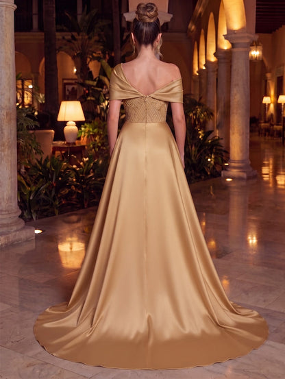 A-Line/Princess Off-the-Shoulder Sleeveless Satin Floor-Length Evening Dresses with Sequins