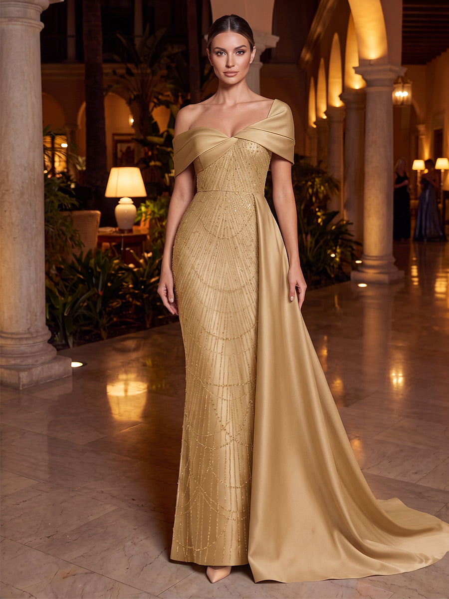 Sheath/Column Off-the-Shoulder Sleeveless Satin Floor-Length Evening Dresses with Sequins&Sash