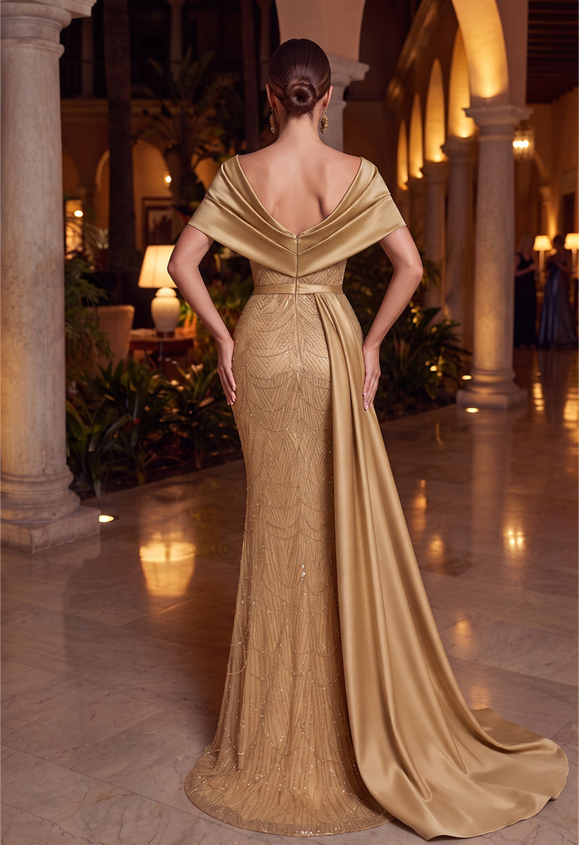 Sheath/Column Off-the-Shoulder Sleeveless Satin Floor-Length Evening Dresses with Sequins&Sash