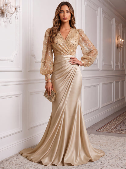 A-Line/Princess V-Neck Long Sleeves Silk Satin Floor-Length Evening Dresses with Sequins&Pleats