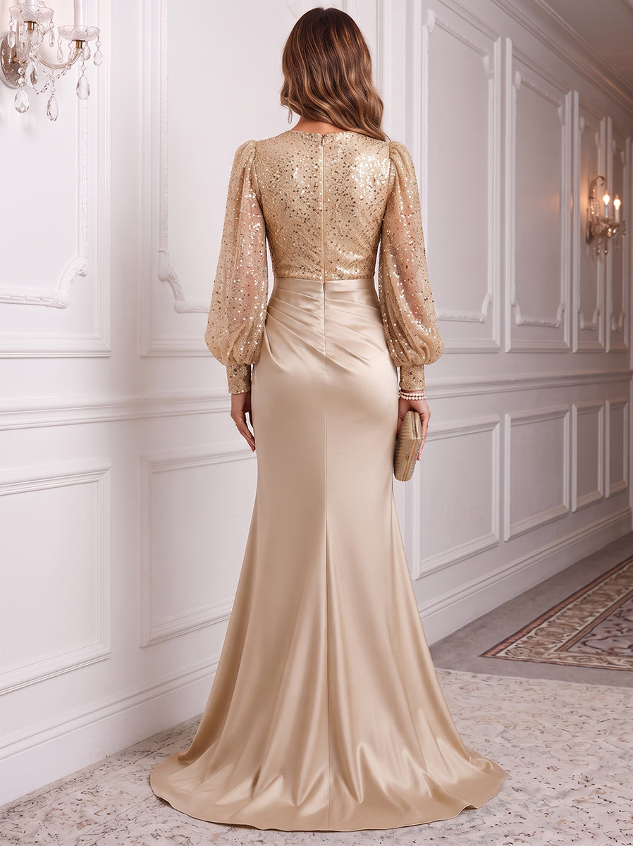 A-Line/Princess V-Neck Long Sleeves Silk Satin Floor-Length Evening Dresses with Sequins&Pleats