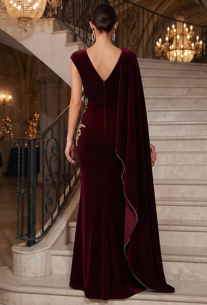 Sheath/Column Scoop Cap Sleeves Velvet Floor-Length Evening Dresses with Applique