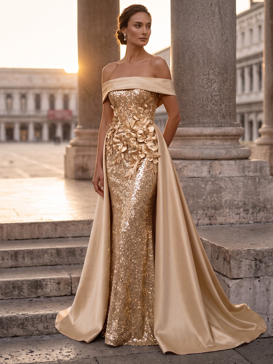 A-Line/Princess Off-the-Shoulder Sleeveless Satin Floor-Length Evening Dresses with Sequins&3D Flower
