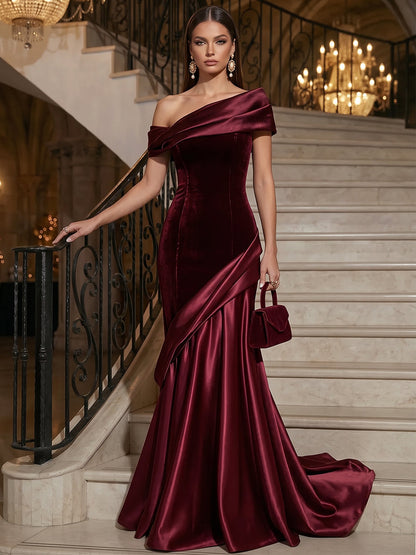 A-Line/Princess Off-the-Shoulder Sleeveless Velvet Satin Floor-Length Evening Dresses with Pleats
