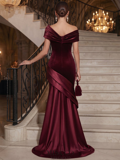 A-Line/Princess Off-the-Shoulder Sleeveless Velvet Satin Floor-Length Evening Dresses with Pleats