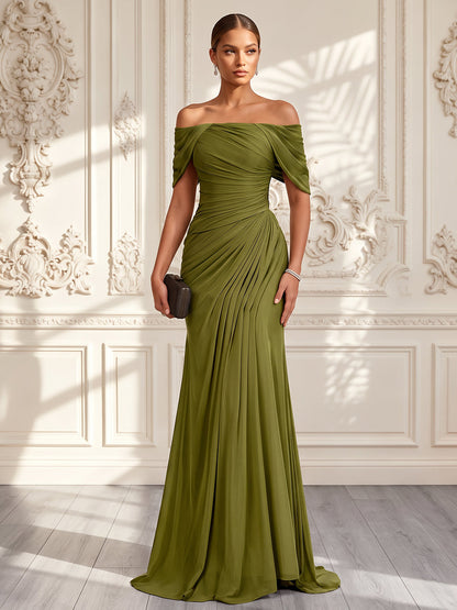 Sheath/Column Off-the-Shoulder Sleeveless Chiffon Floor-Length Evening Dresses with Pleats