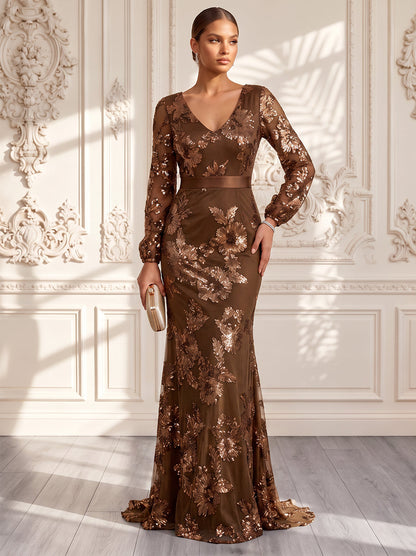 Sheath/Column V-Neck Long Sleeves Chiffon Floor-Length Evening Dresses with Applique & Blet