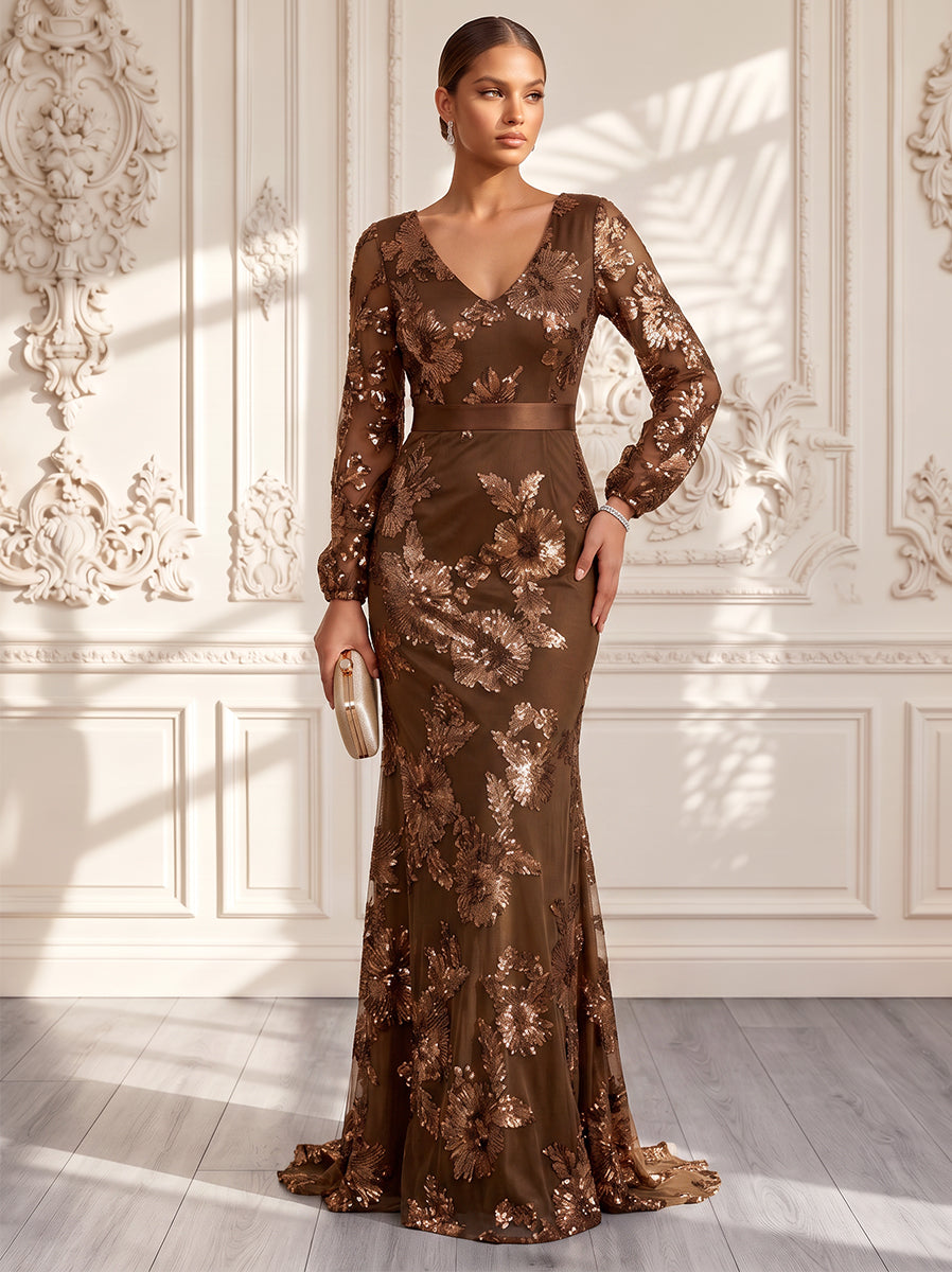 Sheath/Column V-Neck Long Sleeves Chiffon Floor-Length Evening Dresses with Applique & Blet