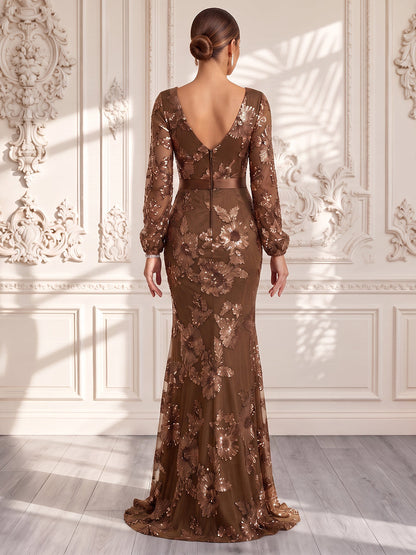 Sheath/Column V-Neck Long Sleeves Chiffon Floor-Length Evening Dresses with Applique & Blet