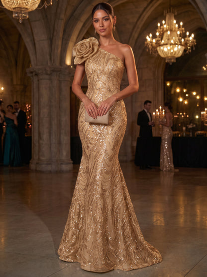 Trumpet/Mermaid One-Shoulder Sleeveless Tulle Floor-Length Evening Dresses with Appliques&3D Flower