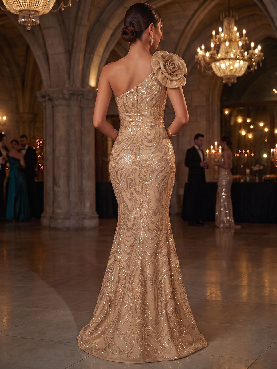 Trumpet/Mermaid One-Shoulder Sleeveless Tulle Floor-Length Evening Dresses with Appliques&3D Flower