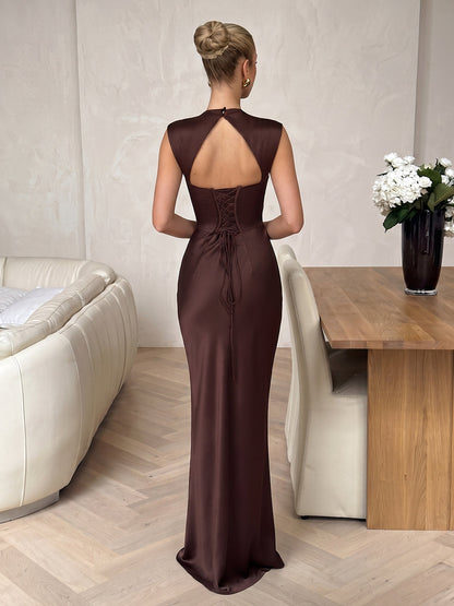 Trumpet/Mermaid Scoop Sleeveless Silk Satin Floor-Length Evening Dresses with Ruched