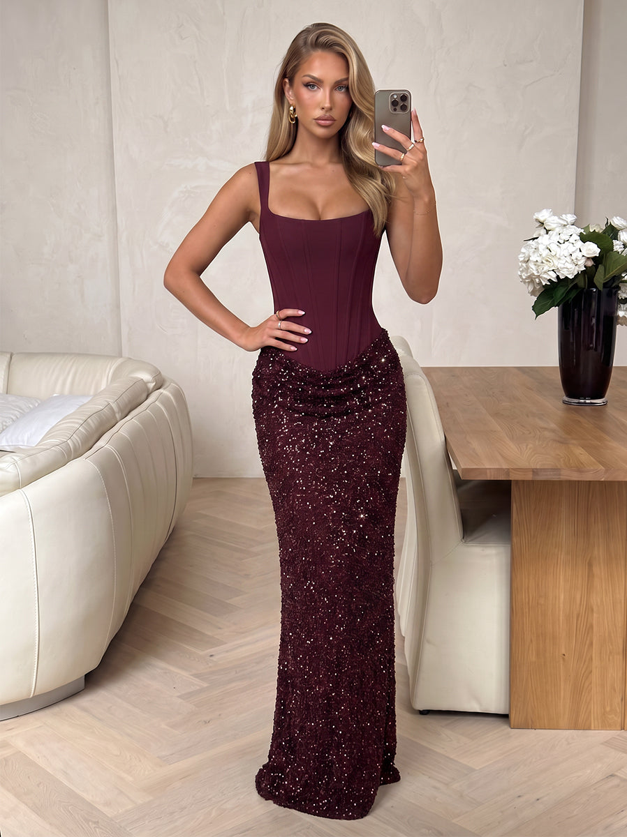 Sheath/Column Square Neck Sleeveless Sequin  Satin Floor-Length Evening Dresses with Corset