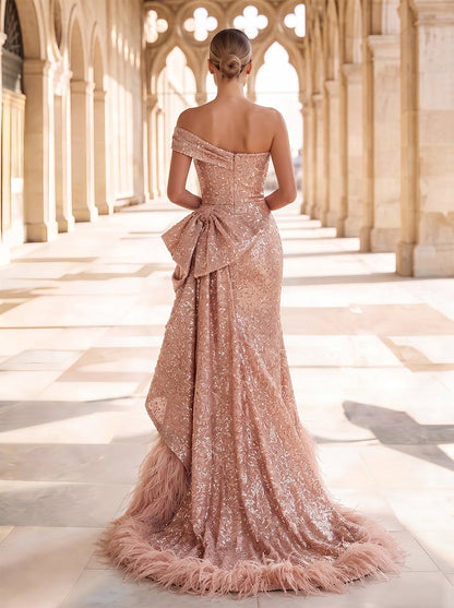 A-Line/Princess One-Shoulder Sleeveless Sequin Floor-Length Evening Dresses with Bowkont&Feather