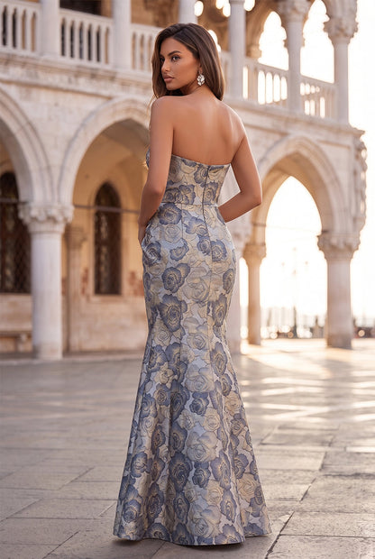 Sheath/Column Strapless Sleeveless Jacquard Floor-Length Evening Dresses with Ruched&Ruffles
