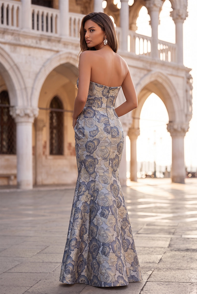 Sheath/Column Strapless Sleeveless Jacquard Floor-Length Evening Dresses with Ruched&Ruffles