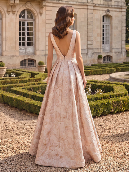 A-Line/Princess V-Neck Sleeveless Jacquard Floor-Length Evening Dresses with 3D Flower&Split Side