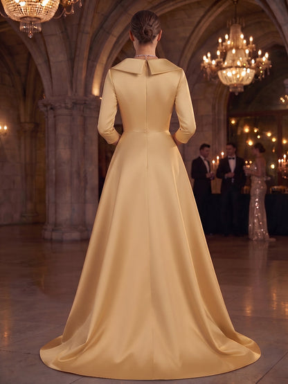 A-Line/Princess Shirt Collar 3/4 Sleeves Satin Floor-Length Evening Dresses with Sequins