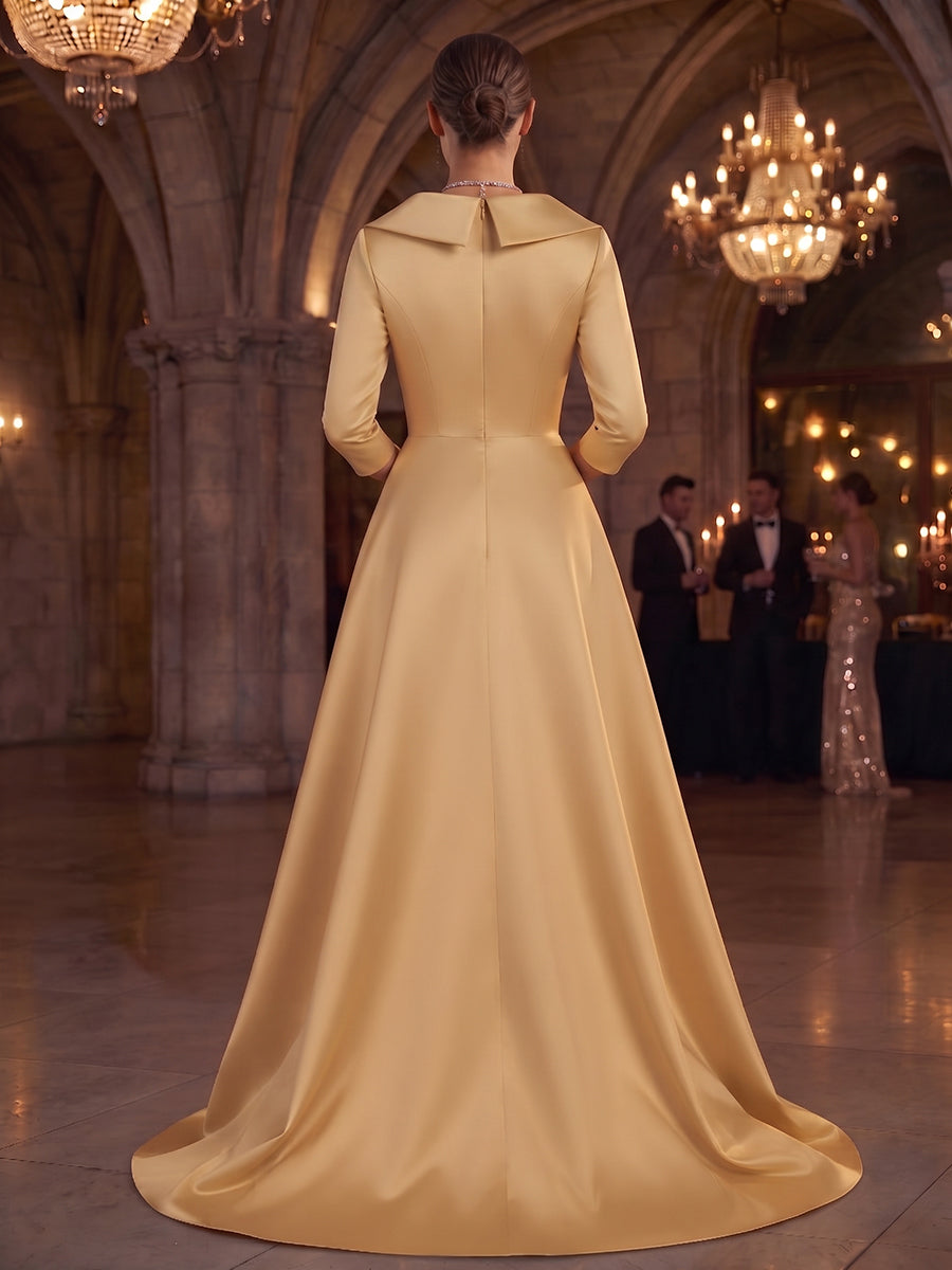 A-Line/Princess Shirt Collar 3/4 Sleeves Satin Floor-Length Evening Dresses with Sequins