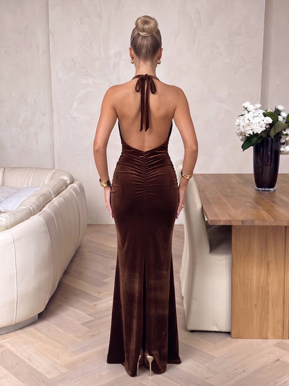 Trumpet/Mermaid V-Neck Sleeveless Velvet Floor-Length Evening Dresses with Pleats