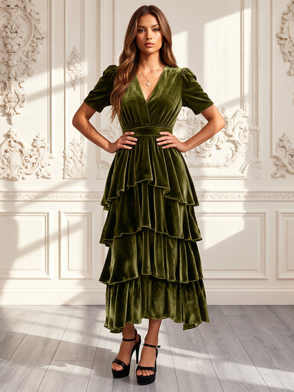A-Line/Princess V-Neck Short Sleeves Velvet Tea-Length Evening Dresses with Tiered&Ruffles