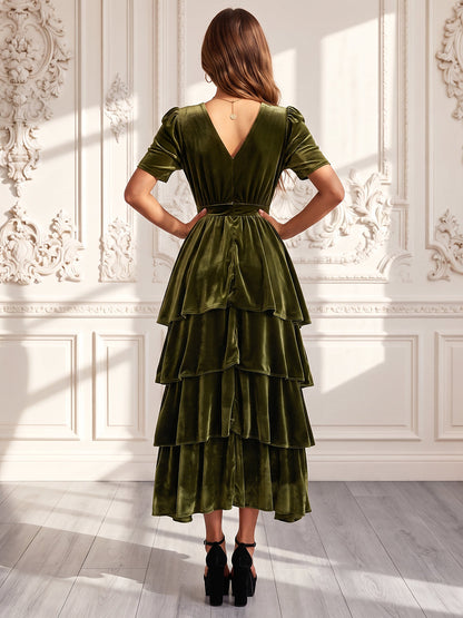 A-Line/Princess V-Neck Short Sleeves Velvet Tea-Length Evening Dresses with Tiered&Ruffles