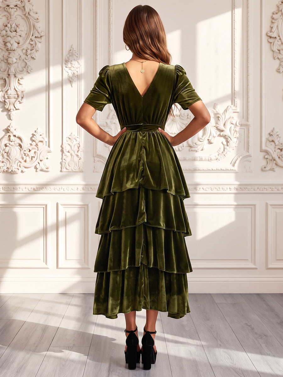 A-Line/Princess V-Neck Short Sleeves Velvet Tea-Length Evening Dresses with Tiered&Ruffles