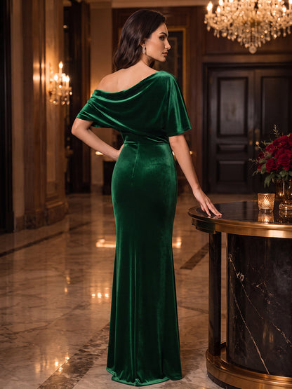 Sheath/Column Off-the-Shoulder Short Sleeves Velvet Floor-Length Evening Dresses with Ruched