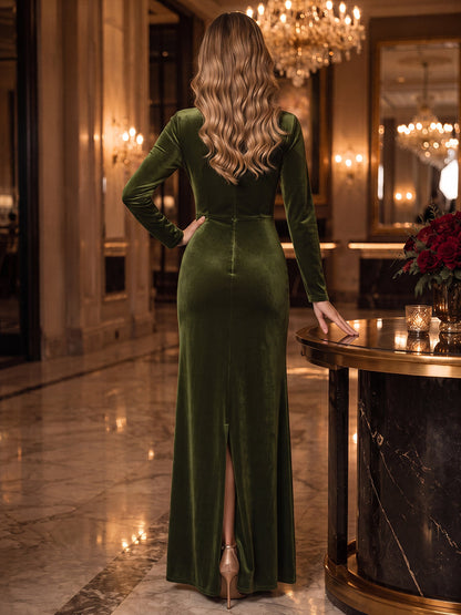 Sheath/Column V-Neck Long Sleeves Velvet Floor-Length Evening Dresses with Pleats&Sash