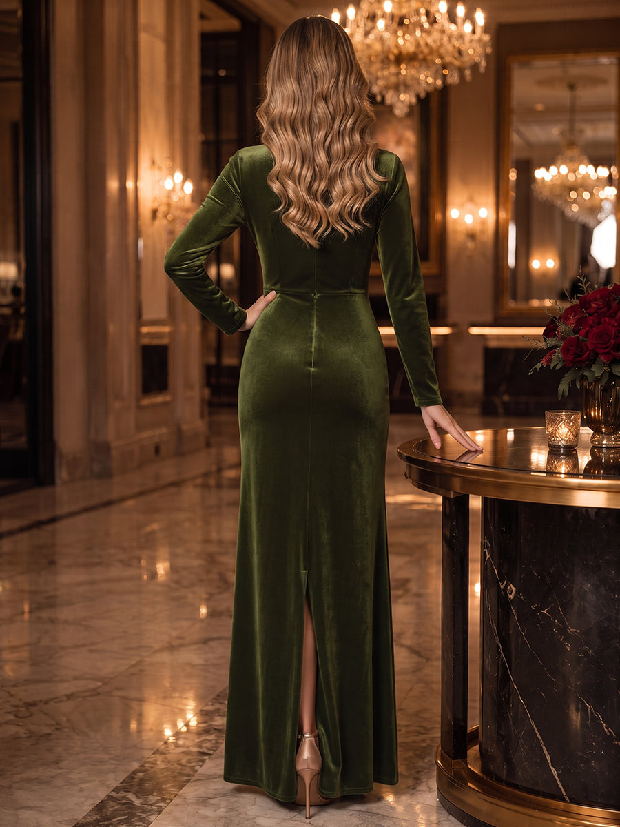 Sheath/Column V-Neck Long Sleeves Velvet Floor-Length Evening Dresses with Pleats&Sash
