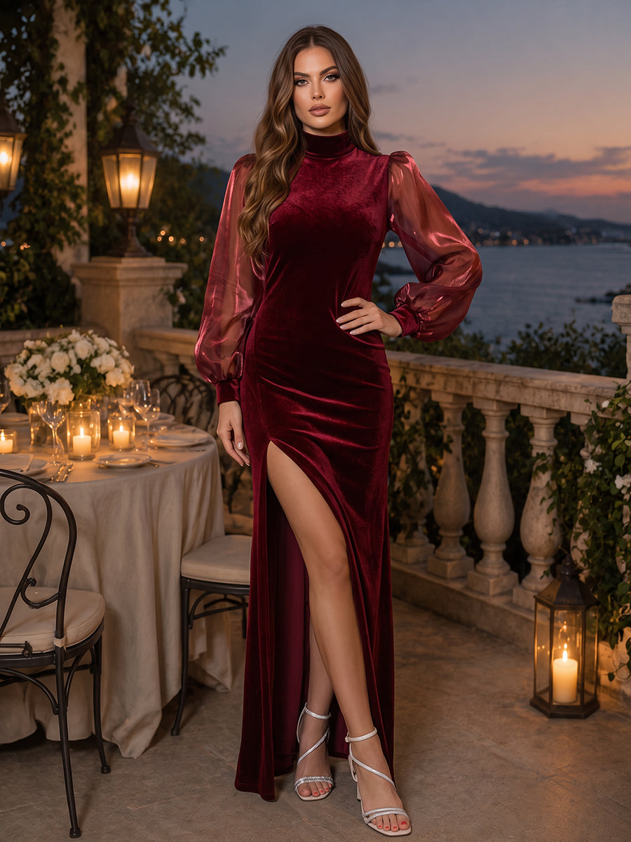 Trumpet/Mermaid High Neck Long Sleeves Velvet Organza Floor-Length Evening Dresses with Ruched