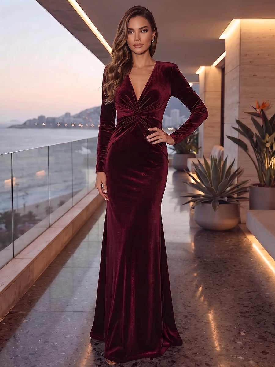 Sheath/Column V-Neck Long Sleeves Velvet Floor-Length Evening Dresses with Ruched