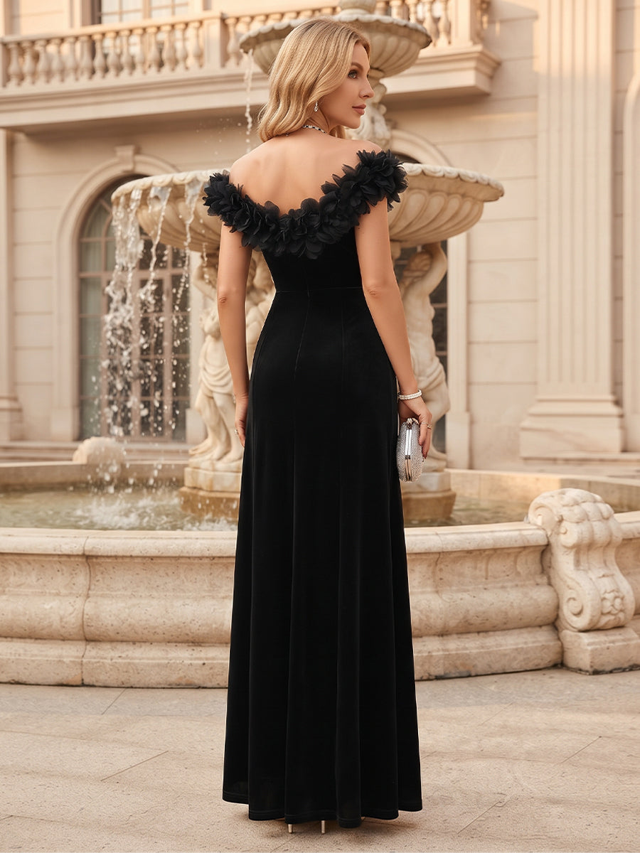 Sheath/Column Off-the-Shoulder Sleeveless Velvet Floor-Length Mother of the Bride Dresses with 3D Flower & Split Side