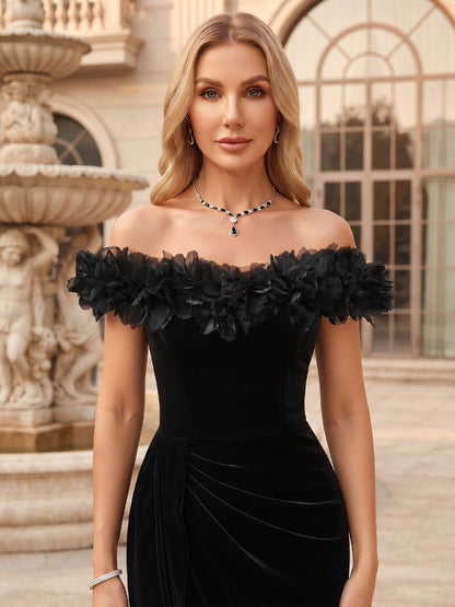 Sheath/Column Off-the-Shoulder Sleeveless Velvet Floor-Length Mother of the Bride Dresses with 3D Flower & Split Side