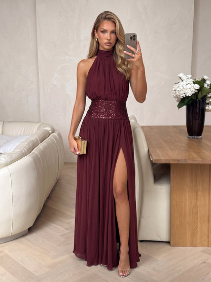 A-Line/Princess Halter Sleeveless Chiffon Sequin Floor-Length Evening Dresses with Pleats