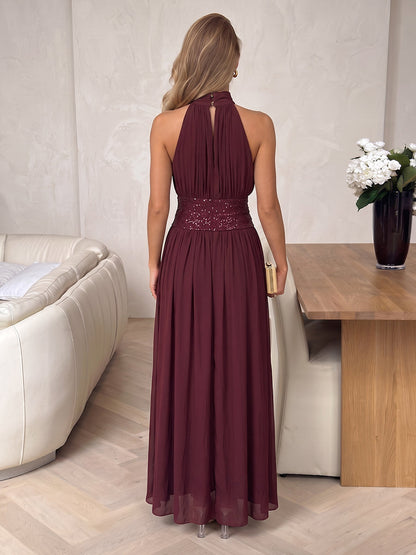 A-Line/Princess Halter Sleeveless Chiffon Sequin Floor-Length Evening Dresses with Pleats