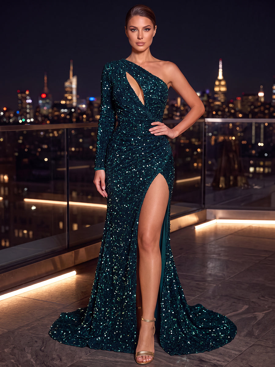 Trumpet/Mermaid One-Shoulder Long Sleeves Sequin Floor-Length Evening Dresses with Cut Out
