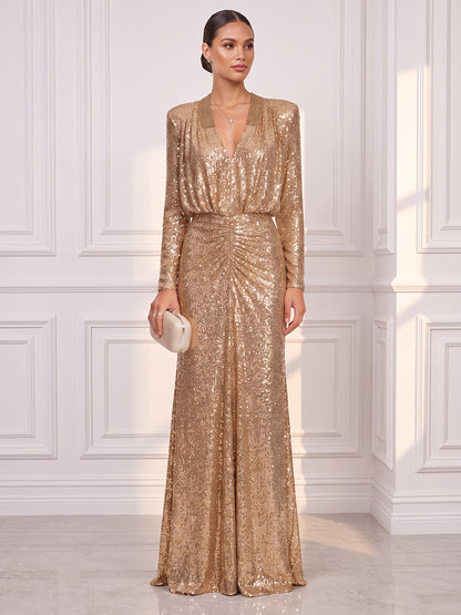 Sheath/Column V-Neck Long Sleeves Sequin Floor-Length Evening Dresses with Pleats