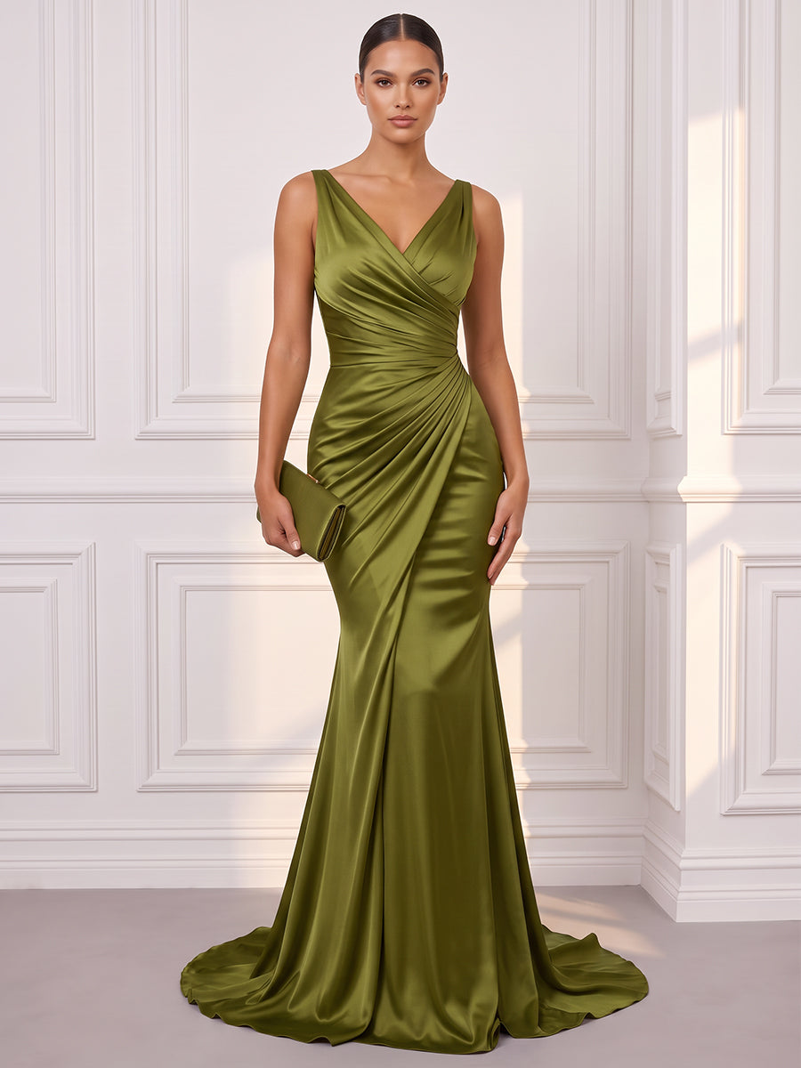 Trumpet/Mermaid V-Neck Sleeveless Silk Satin Floor-Length Evening Dresses with Pleats