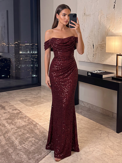Sheath/Column Off-the-Shoulder Sleeveless Sequin Floor-Length Evening Dresses with Ruched
