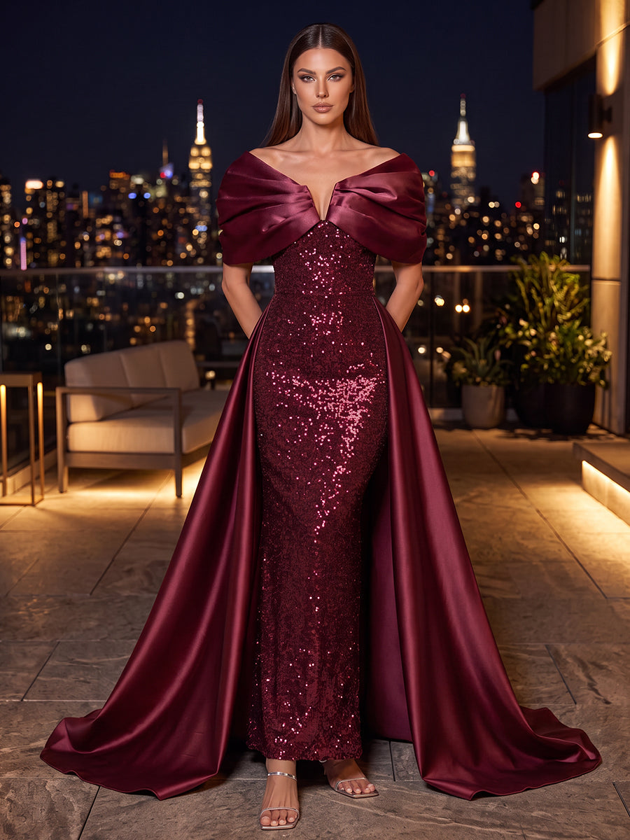 A-Line/Princess Off-the-Shoulder Sleeveless Satin Floor-Length Evening Dresses with Sequins&Pleats