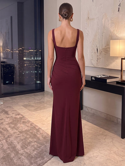 Sheath/Column Square Neck Sleeveless Satin Floor-Length Evening Dresses with Ruched