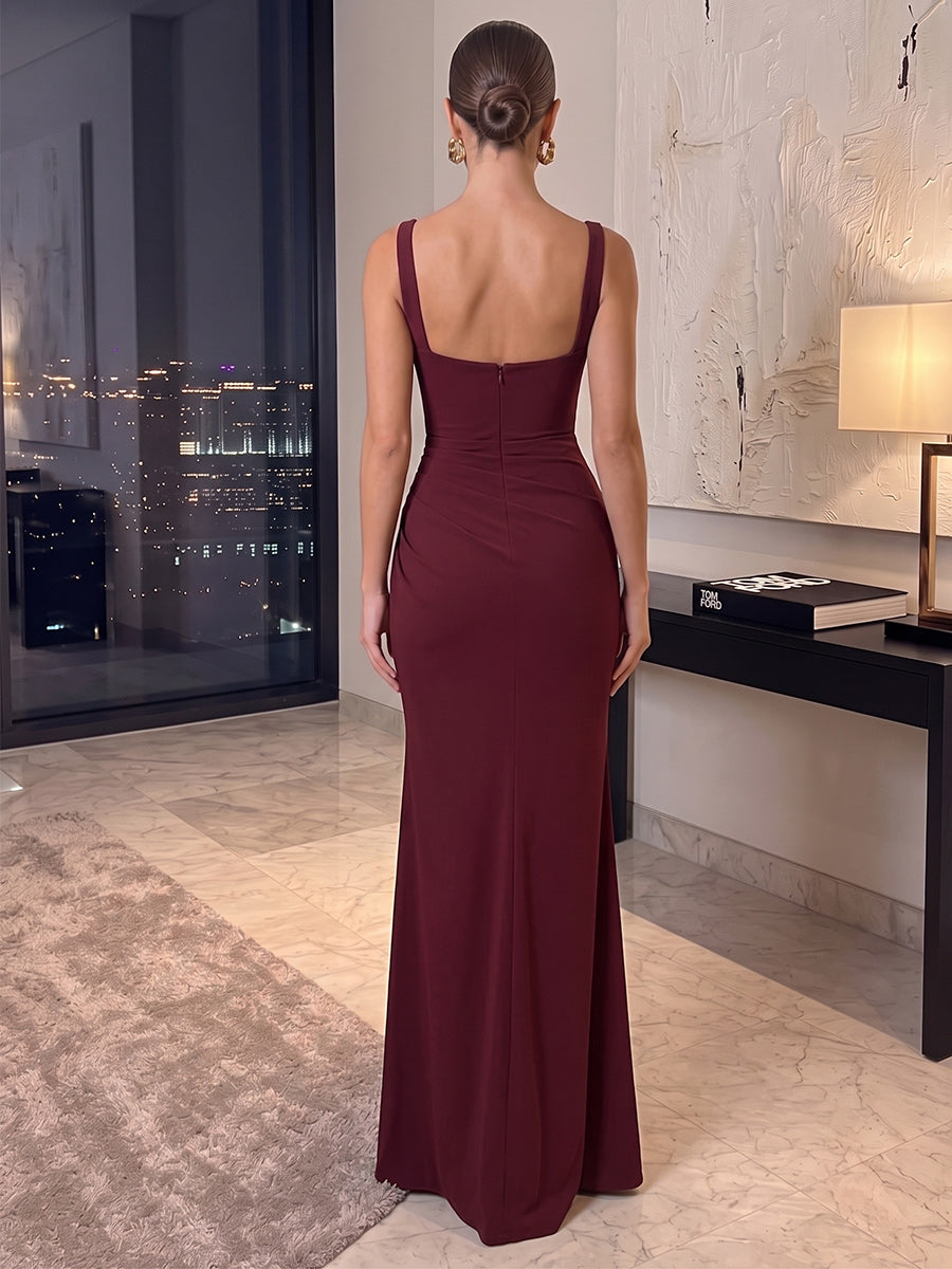 Sheath/Column Square Neck Sleeveless Satin Floor-Length Evening Dresses with Ruched