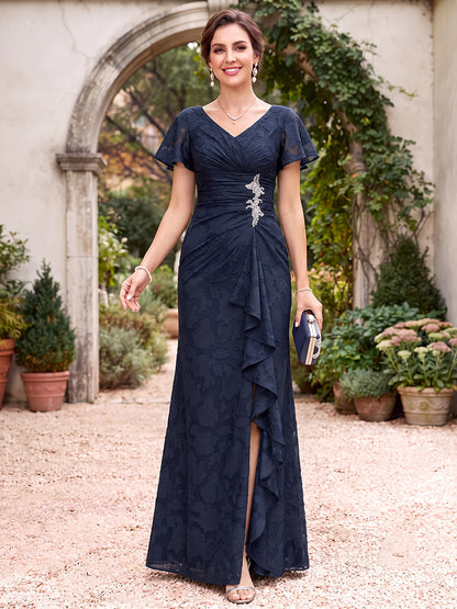 Sheath/Column V-Neck Short Sleeves Chiffon Floor-Length Mother of the Bride Dresses with Florals