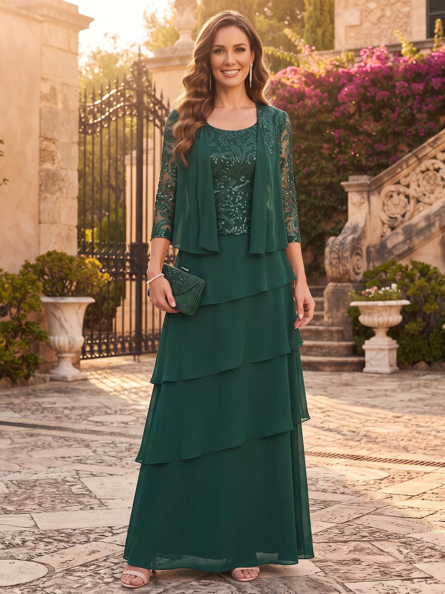 Sheath/Column 2 Pieces Scoop 3/4 Sleeves Chiffon Sequin Floor-Length Mother of the Bride Dresses with Applique&Jacket