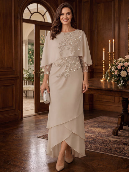 Sheath/Column Scoop Cap Sleeves Chiffon Asymmetrical Mother of the Bride Dresses with Applique&Ruffles